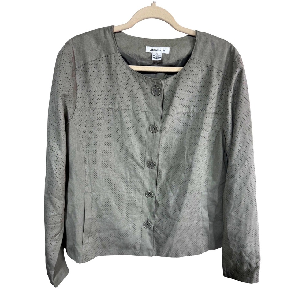 Liz Claiborne XL Gray Perforated Faux Suede Jacket Women's Button Up Lightweight